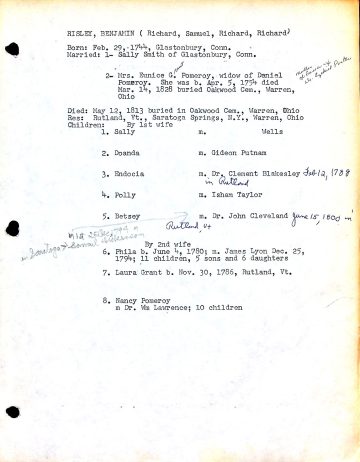 RISLEY, Benjamin (b. 1744 Conn. d. 1813 Ohio) 1 WELLS CLEVELAND